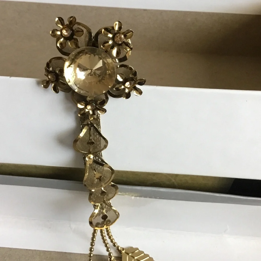 Gold Floral Drop Brooch with Leaf Dangles - Women's Jewelry